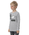 Rabbit or Crow youth long sleeve tee in Athletic Heather with Lithuanian animal illusion graphic – view 7