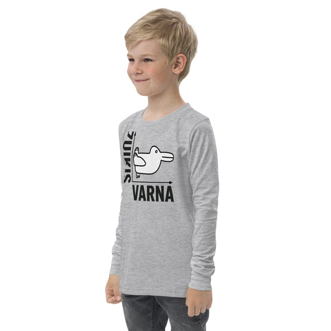 Rabbit or Crow youth long sleeve tee in Athletic Heather with Lithuanian animal illusion graphic – view 7