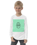 Keep Cool white youth long sleeve tee with mint-green square and black cap-face graphic – front view 3