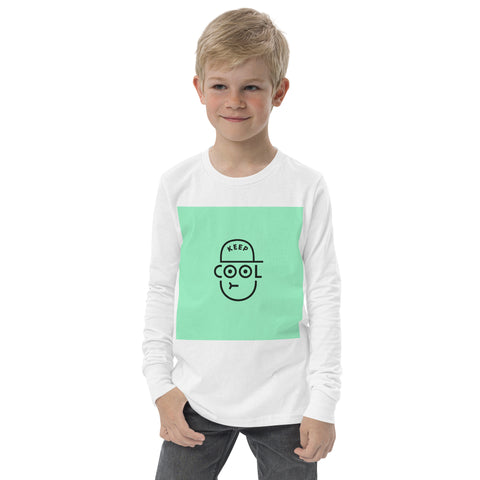 Keep Cool white youth long sleeve tee with mint-green square and black cap-face graphic – front view 3