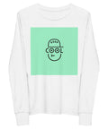 Keep Cool white youth long sleeve tee with mint-green square and black cap-face graphic – front view 2