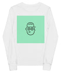Keep Cool white youth long sleeve tee with mint-green square and black cap-face graphic – front view 1