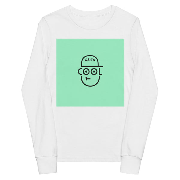 Keep Cool white youth long sleeve tee with mint-green square and black cap-face graphic – front view 1