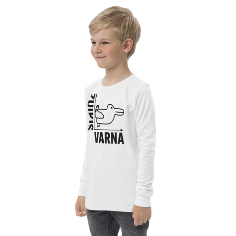 Rabbit or Crow youth long sleeve tee in White with Lithuanian animal illusion graphic – view 8