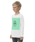 Keep Cool white youth long sleeve tee with mint-green square and black cap-face graphic – left front view