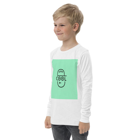 Keep Cool white youth long sleeve tee with mint-green square and black cap-face graphic – left front view