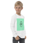 Keep Cool white youth long sleeve tee with mint-green square and black cap-face graphic – right front view