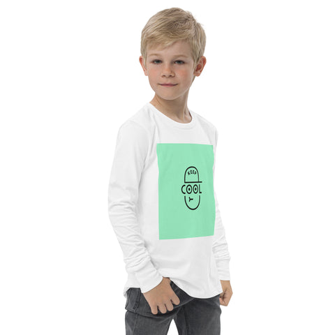 Keep Cool white youth long sleeve tee with mint-green square and black cap-face graphic – right front view