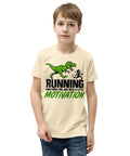 Dinosaur Motivation youth cotton tee in Natural – front with green dinosaur and runner – view 5
