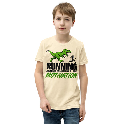 Dinosaur Motivation youth cotton tee in Natural – front with green dinosaur and runner – view 5