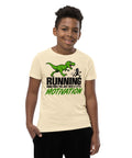 Dinosaur Motivation youth cotton tee in Natural – front with green dinosaur and runner – view 13