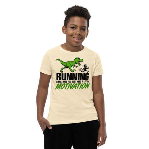 Dinosaur Motivation youth cotton tee in Natural – front with green dinosaur and runner – view 13