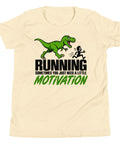 Dinosaur Motivation youth cotton tee in Natural – front with green dinosaur and runner – view 1