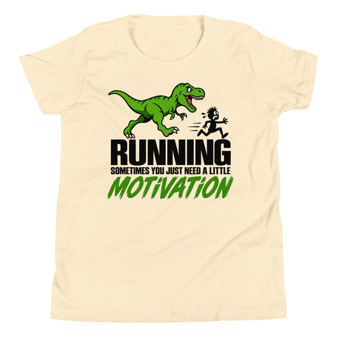 Dinosaur Motivation youth cotton tee in Natural – front with green dinosaur and runner – view 1