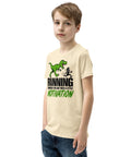Dinosaur Motivation youth cotton tee in Natural – left front view with green dinosaur and runner – view 11