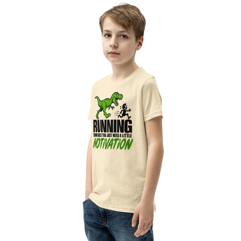 Dinosaur Motivation youth cotton tee in Natural – left front view with green dinosaur and runner – view 11