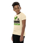 Dinosaur Motivation youth cotton tee in Natural – left front view with green dinosaur and runner – view 17