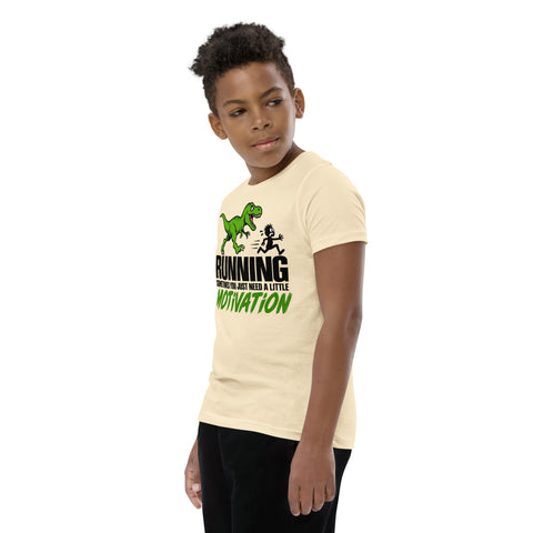Dinosaur Motivation youth cotton tee in Natural – left front view with green dinosaur and runner – view 17