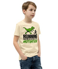 Dinosaur Motivation youth cotton tee in Natural – right front view with green dinosaur and runner – view 9