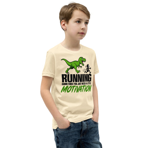 Dinosaur Motivation youth cotton tee in Natural – right front view with green dinosaur and runner – view 9