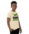 Dinosaur Motivation youth cotton tee in Natural – right front view with green dinosaur and runner – view 19