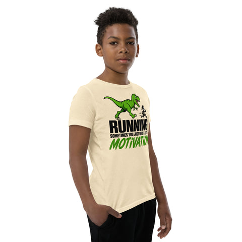 Dinosaur Motivation youth cotton tee in Natural – right front view with green dinosaur and runner – view 19
