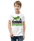 Dinosaur Motivation youth cotton tee in White – front with green dinosaur and runner – view 6