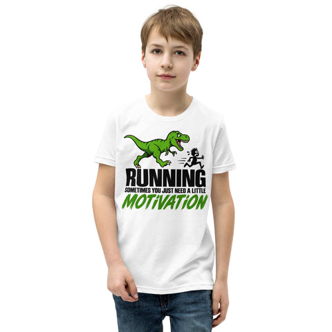 Dinosaur Motivation youth cotton tee in White – front with green dinosaur and runner – view 6