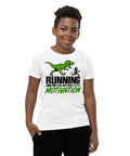 Dinosaur Motivation youth cotton tee in White – front with green dinosaur and runner – view 14