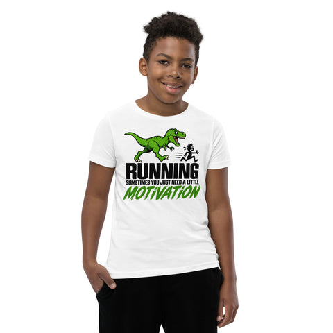 Dinosaur Motivation youth cotton tee in White – front with green dinosaur and runner – view 14