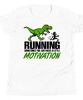 Dinosaur Motivation youth cotton tee in White – front with green dinosaur and runner – view 2