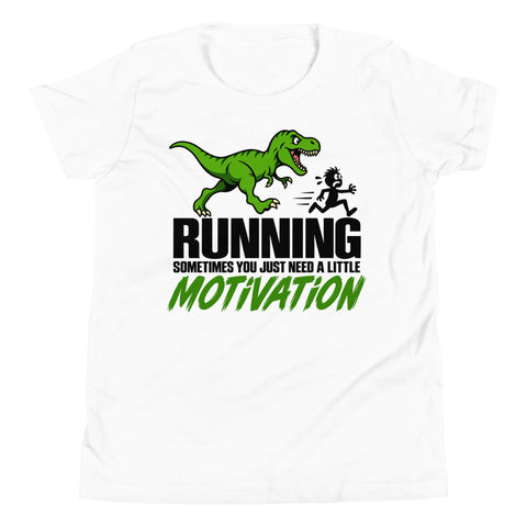 Dinosaur Motivation youth cotton tee in White – front with green dinosaur and runner – view 2
