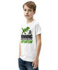 Dinosaur Motivation youth cotton tee in White – left front view with green dinosaur and runner – view 12