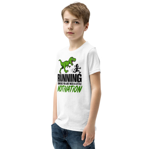 Dinosaur Motivation youth cotton tee in White – left front view with green dinosaur and runner – view 12