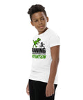 Dinosaur Motivation youth cotton tee in White – left front view with green dinosaur and runner – view 18