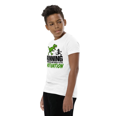 Dinosaur Motivation youth cotton tee in White – left front view with green dinosaur and runner – view 18