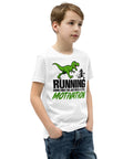 Dinosaur Motivation youth cotton tee in White – right front view with green dinosaur and runner – view 10