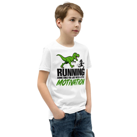 Dinosaur Motivation youth cotton tee in White – right front view with green dinosaur and runner – view 10