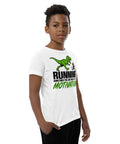 Dinosaur Motivation youth cotton tee in White – right front view with green dinosaur and runner – view 20
