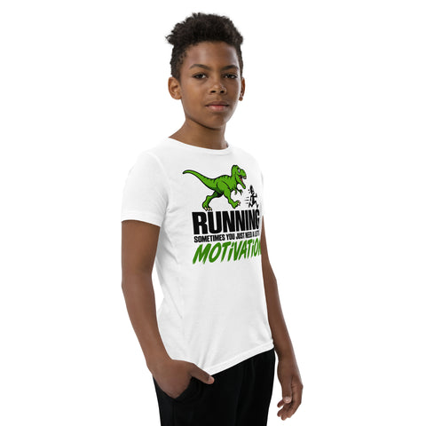 Dinosaur Motivation youth cotton tee in White – right front view with green dinosaur and runner – view 20