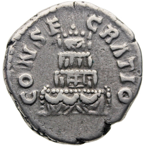 161 AD Roman Empire Coin Antoninus Pius Denarius Silver Pyre in four tiers