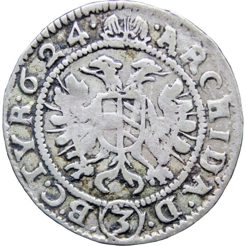 1624 3 Kreuzer Ferdinand II Austria - Habsburg Silver Coin Vienna Mint