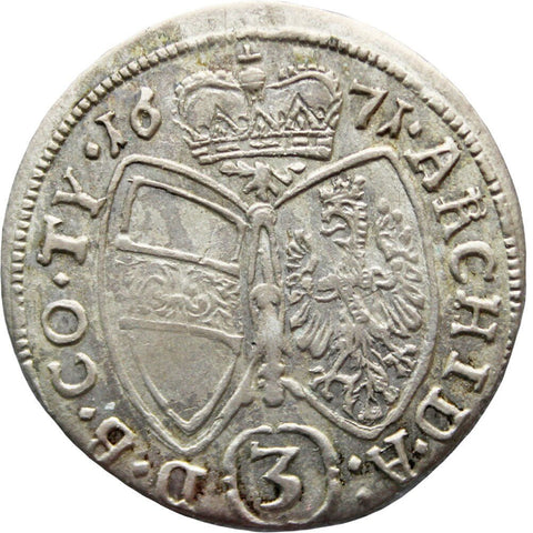 1671 3 Kreuzer Tirol Hall Austria Habsburg Leopold I Holy Roman Emperor