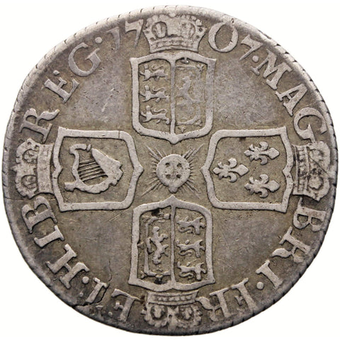 1707 Sixpence Queen Anne Silver Coin UK
