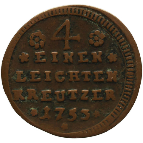 1753 quarter Kreuzer Karl Philipp von Greiffenklau - Vollraths Bishopric of Würzburg Germany Coin
