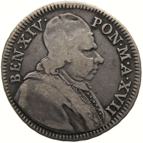 1756 Doppio Giulio Pope Benedict XIV Papal Coin Silver