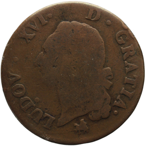 1791 B 1 Sol Louis XVI France Coin Rouen Mint