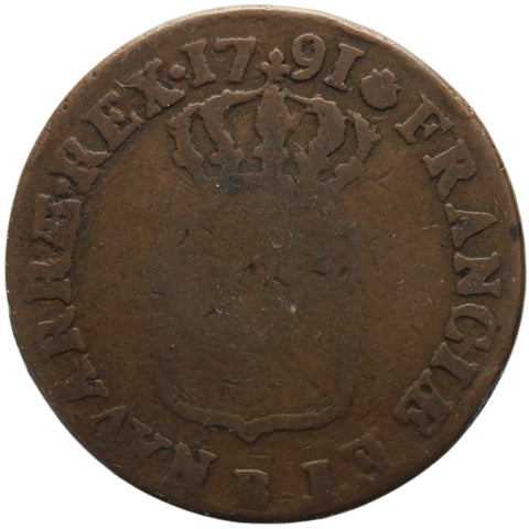 1791 B 1 Sol Louis XVI France Coin Rouen Mint