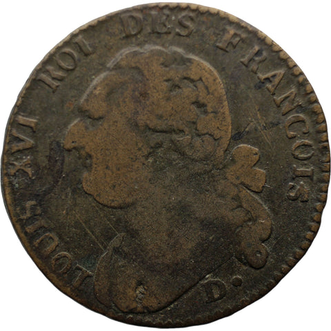 1792 D France 12 Deniers Louis XVI Coin Lyon Mint
