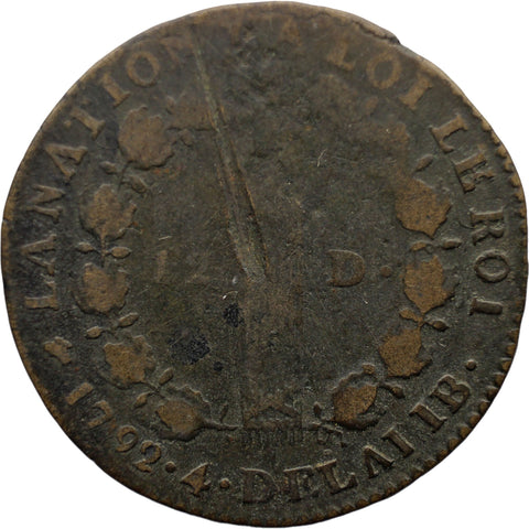 1792 D France 12 Deniers Louis XVI Coin Lyon Mint
